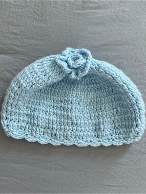 Light Blue Crochet Beanie with Flower handmade